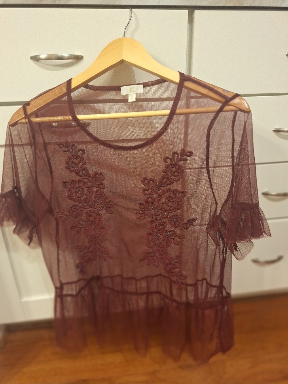 Charming Charlie  Sheer Embroidered Wine Mesh Blouse